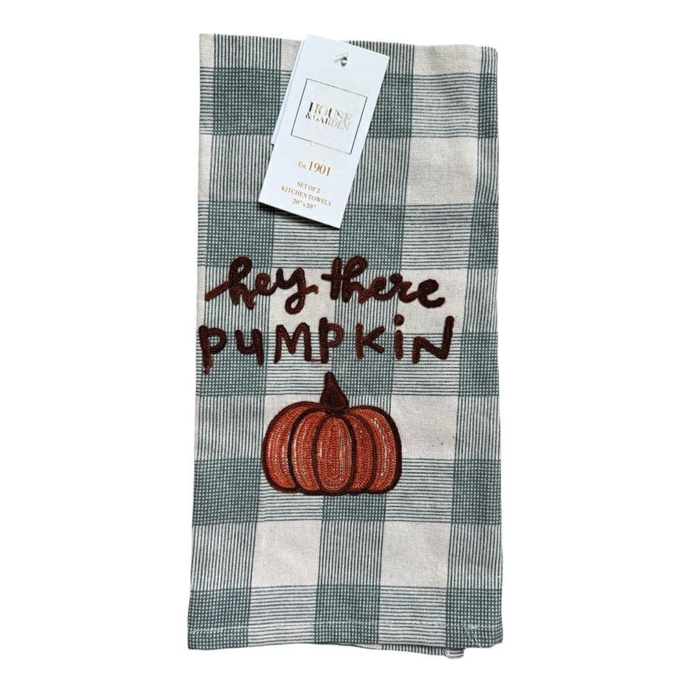 Hey There Pumpkin Set of 2 Plaid Dishtowels 100% Cotton NWT
